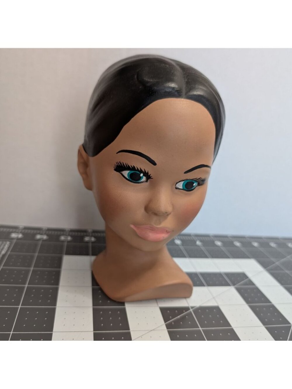 Holland Mold Chalkware Bust brown skin Woman black hair blue eyes hand painted